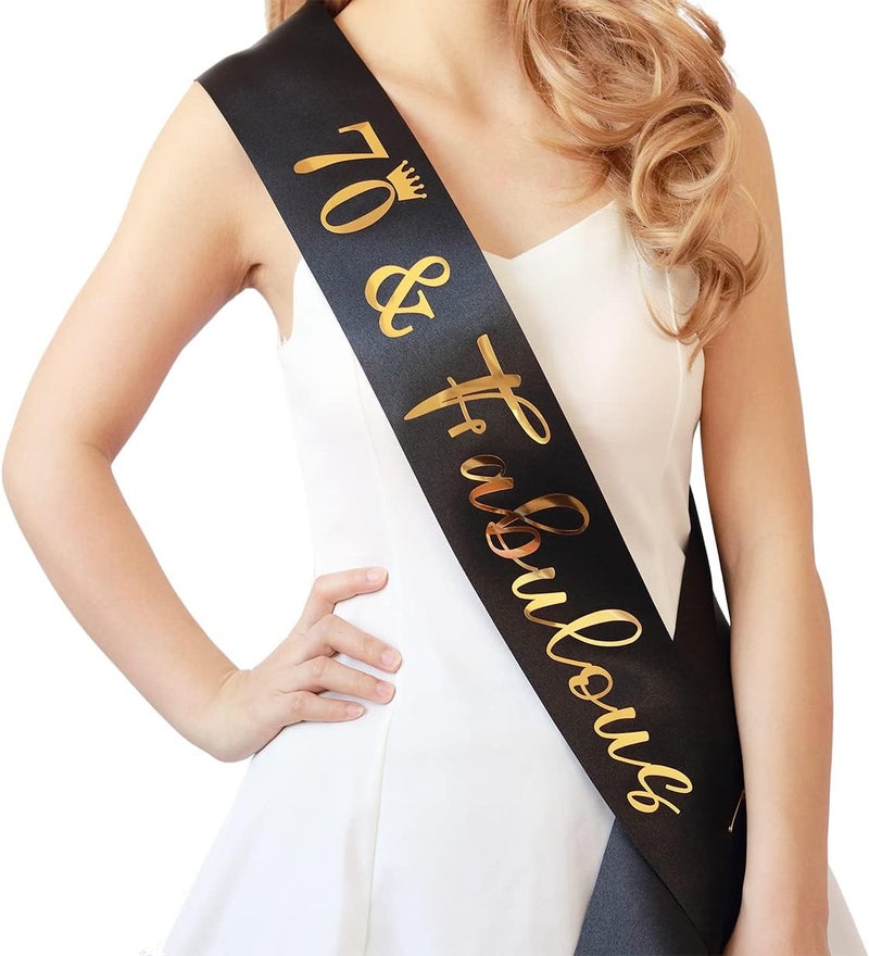 Docooniver 70th Birthday Sash for Women and Men 70&Fabulous Sash Black with Gold Foil Lettering - Image 1